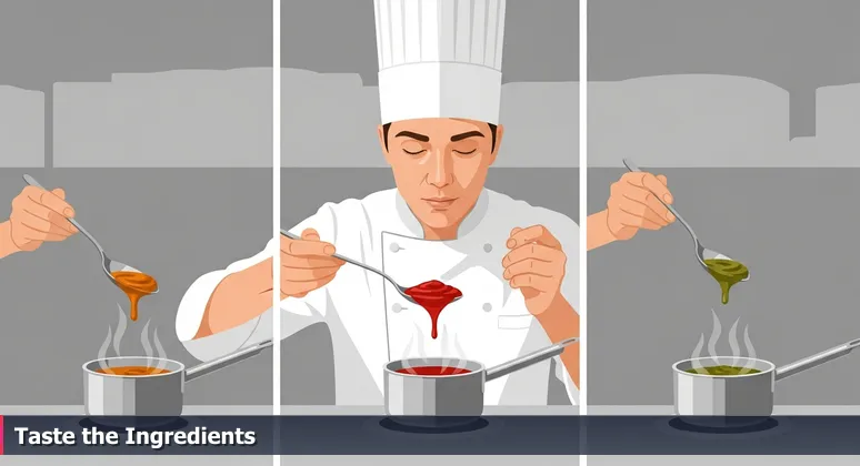A chef in a professional kitchen tasting sauce from three pots, symbolizing the careful evaluation needed for choosing tech career opportunities in Madison, WI.