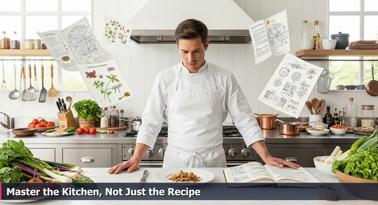 A frustrated chef in a modern Madison kitchen, holding a perfect recipe but staring at a bland dish, symbolizing the gap between technical skills and contextual mastery in cybersecurity.