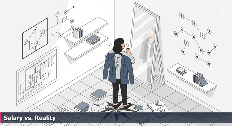 A person in a fitting room holding a tailored blazer with tight shoulders, looking hopeful in a mirror, symbolizing the mismatch between tech salaries and living costs in Madison.