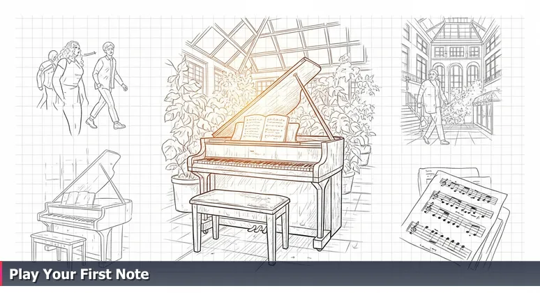 A polished public piano in a sunlit atrium with an empty bench, symbolizing free tech training opportunities in Madison, WI.
