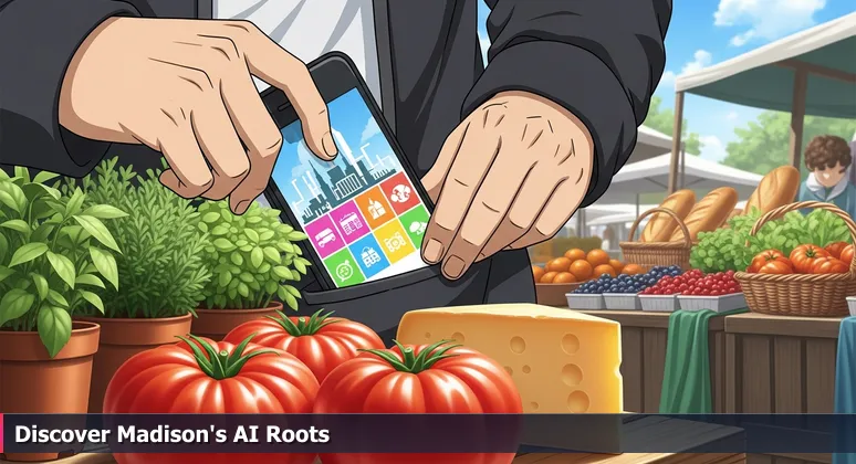 A hand holding a smartphone with a blurred tech cities list, contrasted with the vibrant Dane County Farmers' Market in focus, symbolizing local AI career opportunities in Madison.