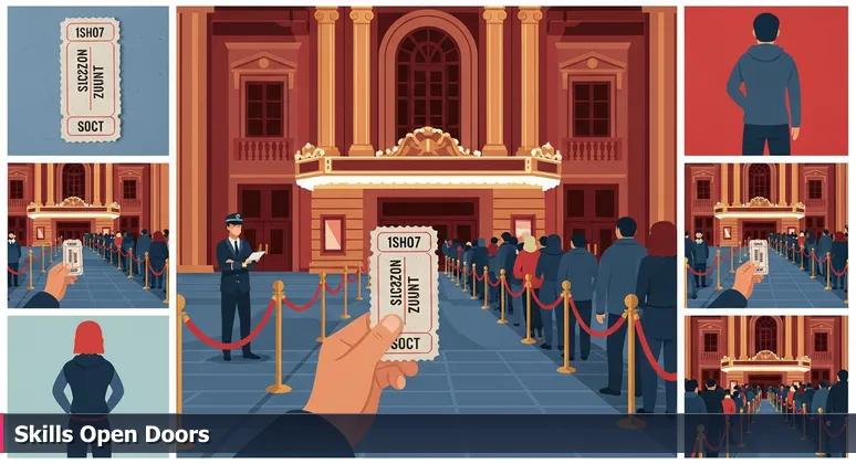 A confident individual at a Madison theater entrance, holding a torn ticket stub, symbolizing skills-based hiring for tech jobs without a degree.