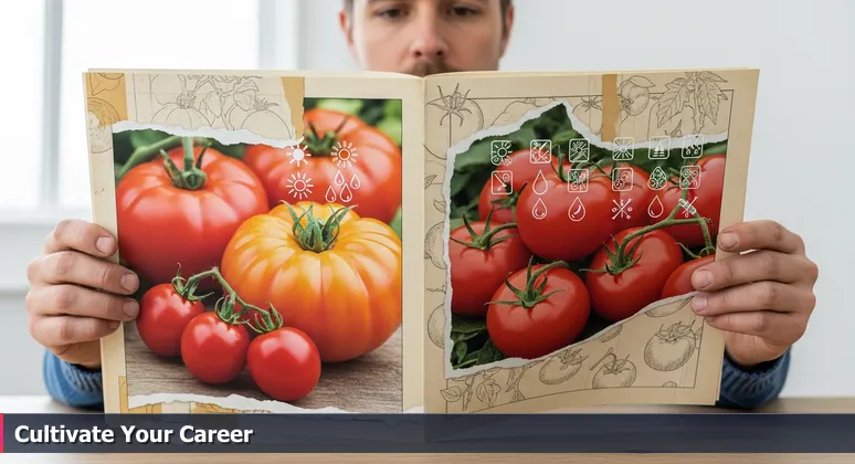 Close-up of a gardener's soil-stained hands holding an open seed catalog with tomato varieties, symbolizing career choice for junior developers in Madison tech startups.