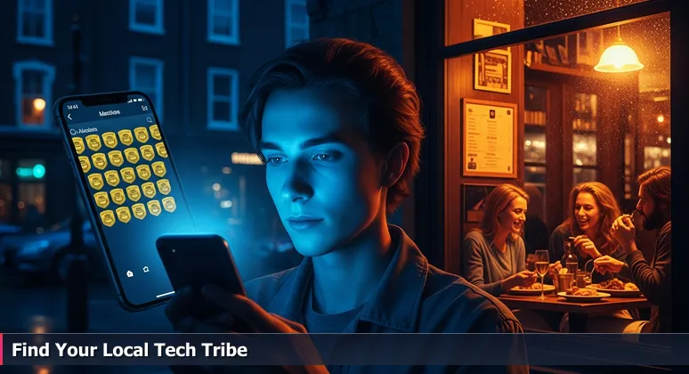 A woman on a Madison street overlooks a vibrant local women-in-tech meetup while focused on her smartphone.