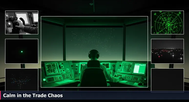 An air traffic controller in a dark tower monitoring radar screens, symbolizing Laredo's AI startups managing complex cross-border trade logistics.