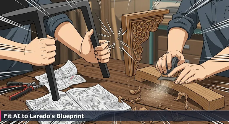 Close-up of frustrated hands holding mismatched furniture parts with a vague instruction manual, symbolizing the challenge of generic AI guides and the need for a localized roadmap in Laredo, TX.