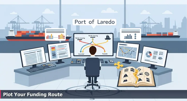 A logistics coordinator at the Port of Laredo monitors screens with cargo manifests and routing maps, symbolizing strategic funding navigation for tech training.