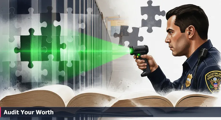 U.S. Customs officer at Port of Laredo inspecting a shipping container with a scanner, symbolizing the detailed assessment needed for AI salary packages in 2026.