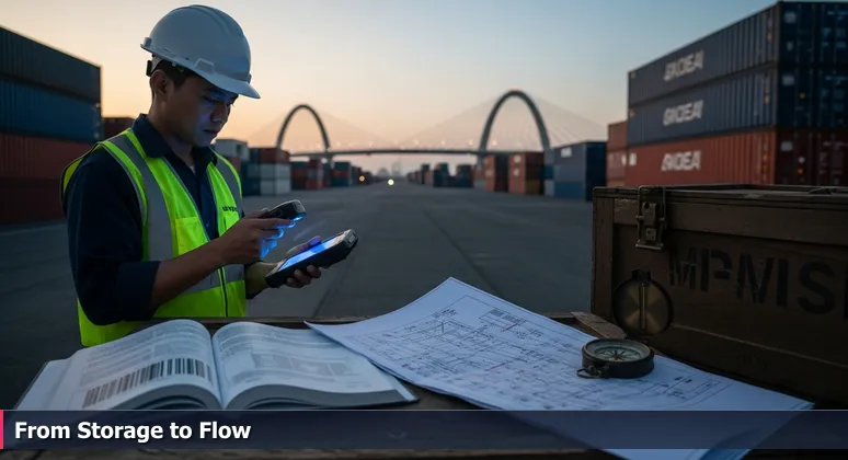 A brightly colored shipping container isolated in a Laredo yard at dusk, with a worker scanning its barcode using a handheld device. The Gateway to the Americas bridge is visible in the background.