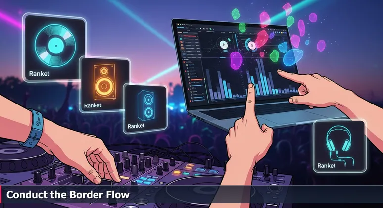 A DJ at a vibrant Laredo festival adjusting a mixer while pointing at a laptop screen displaying real-time analytics of crowd movement and trade data flow.