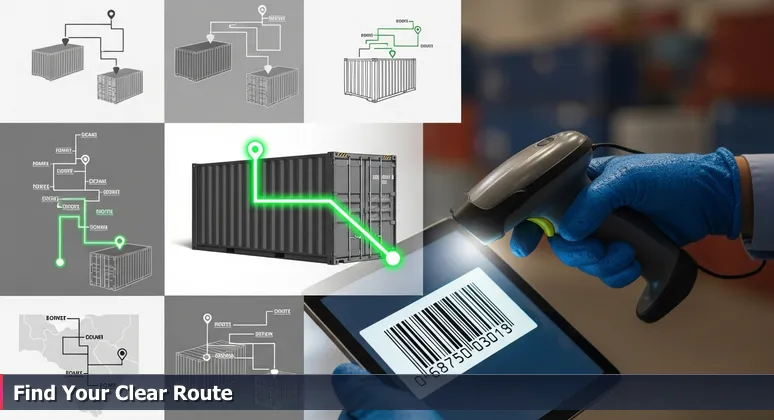 A customs inspector at the Port of Laredo scans a barcode on a shipping container, with a tablet displaying a digital map showing a green, optimized route.