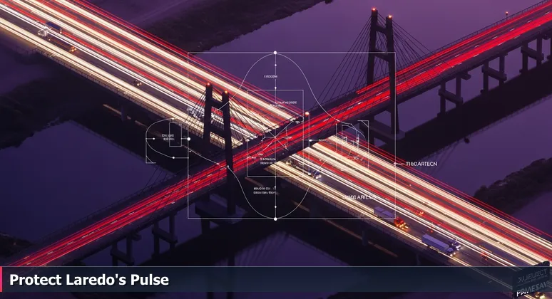 Pre-dawn silhouette of Laredo's World Trade Bridge with flowing truck lights, symbolizing cybersecurity opportunities in trade and logistics.