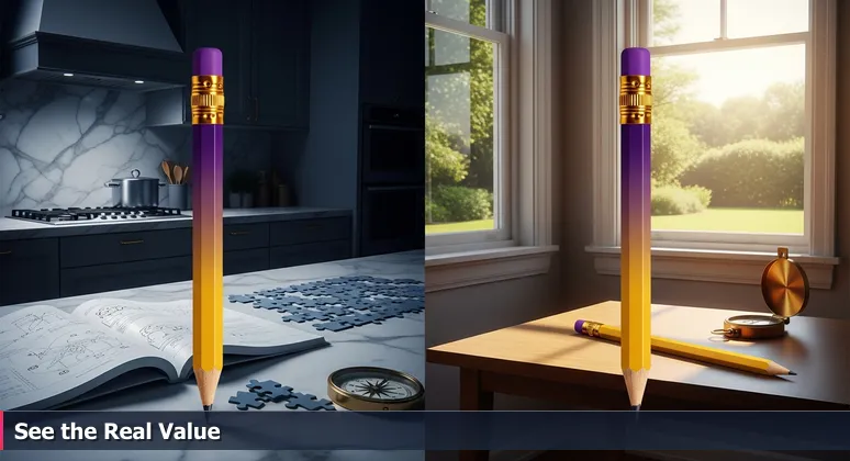 Two identical pencils on contrasting backgrounds: one on a luxury marble countertop, the other on a simple wooden table, illustrating how Laredo's affordability enhances tech salary value.