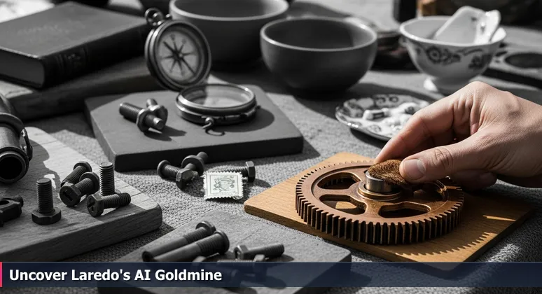 A close-up of a hand revealing a tarnished mechanical gear on a sunlit flea market table, symbolizing hidden AI career opportunities in Laredo's essential industries.