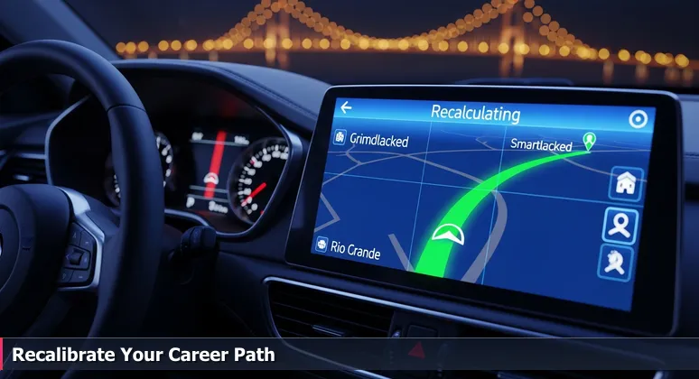 A car's GPS screen at night showing congested Interstate 35 in red and a recalculated green route leading to the illuminated World Trade Bridge over the Rio Grande in Laredo, Texas.