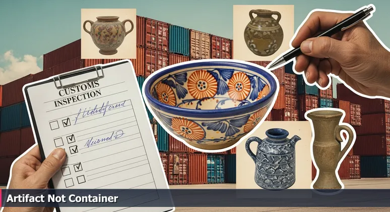 Weathered hands at Port of Laredo inspecting a unique ceramic bowl among standard shipping containers, symbolizing career choices for junior developers in tech startups.