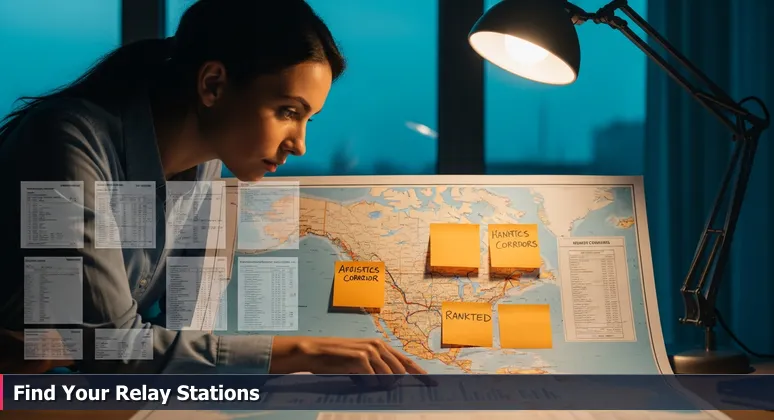 A determined woman in a Port of Laredo office traces routes on a large map with trade corridors, symbolizing career navigation for women in tech.