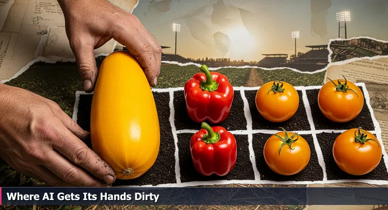 Hands arranging perfect vegetables at Fresno County Fair with blurred farmland background, symbolizing AI innovation in Central Valley agriculture.