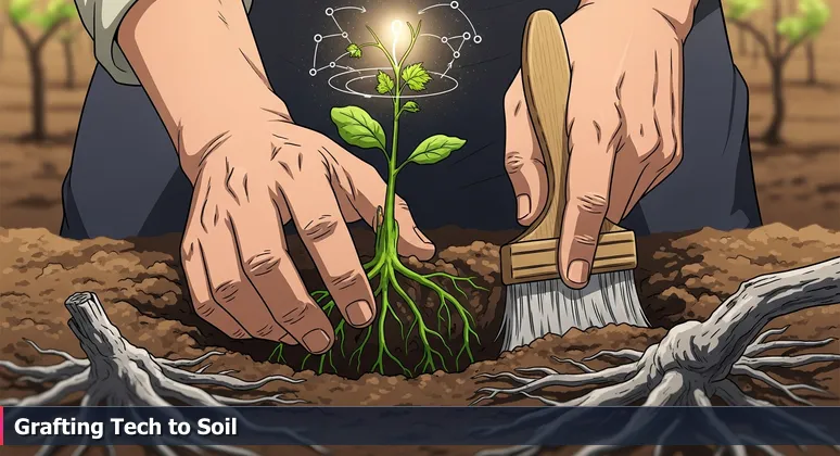 Close-up of weathered hands transplanting a young grapevine in Fresno County soil, with old roots cleared away, symbolizing tech innovation in agriculture.