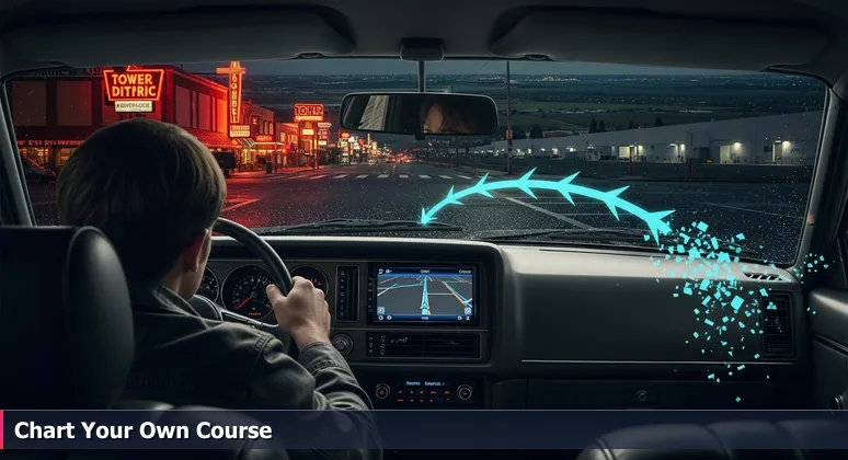 A driver in Fresno looking at a GPS screen with a simplified route, contrasted with the complex urban and agricultural landscape outside the car window.