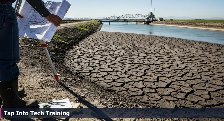 A person standing by a dry irrigation ditch in the San Joaquin Valley near Fresno, with canals and green fields in the distance, symbolizing access to funding for tech training.