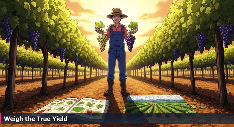A farmer in a Fresno vineyard at dawn, holding two grape clusters to symbolize evaluating AI salary value beyond base numbers
