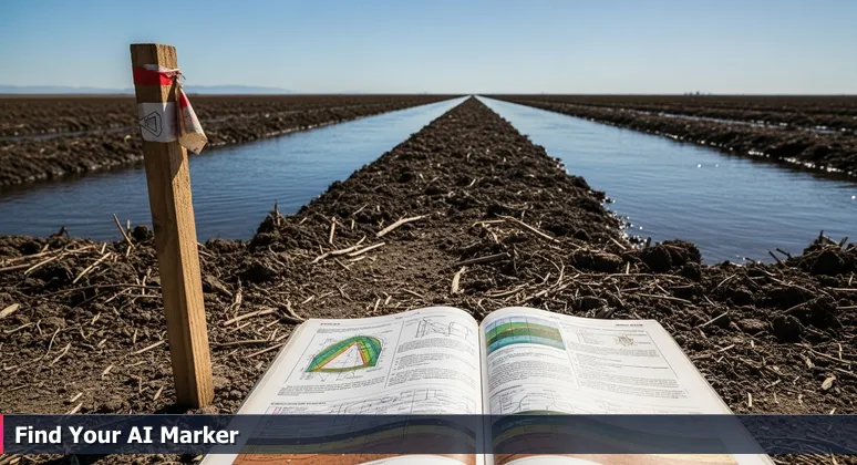 A wooden stake with a faded flag marked '7E' in a vast irrigated field in the San Joaquin Valley, symbolizing navigation through Fresno's AI networking opportunities.