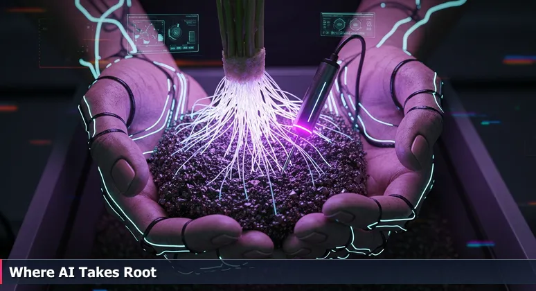 Close-up of farmer's hands in San Joaquin Valley soil with roots intertwined with a modern AI sensor, symbolizing Fresno's AI job market growth.