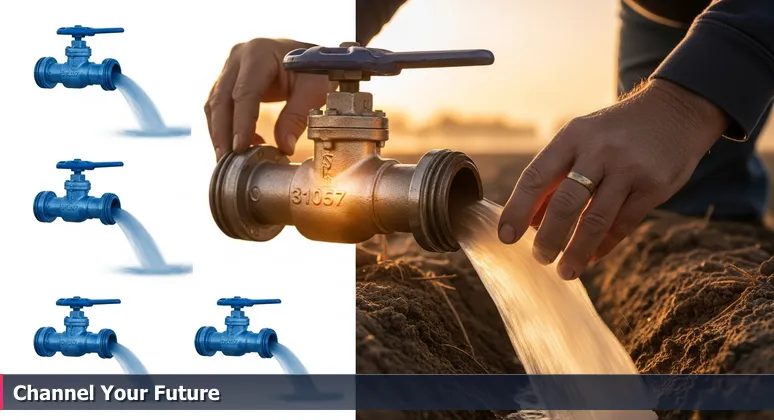 Weathered hands adjusting irrigation valves in a Fresno almond orchard, symbolizing strategic career navigation in tech.