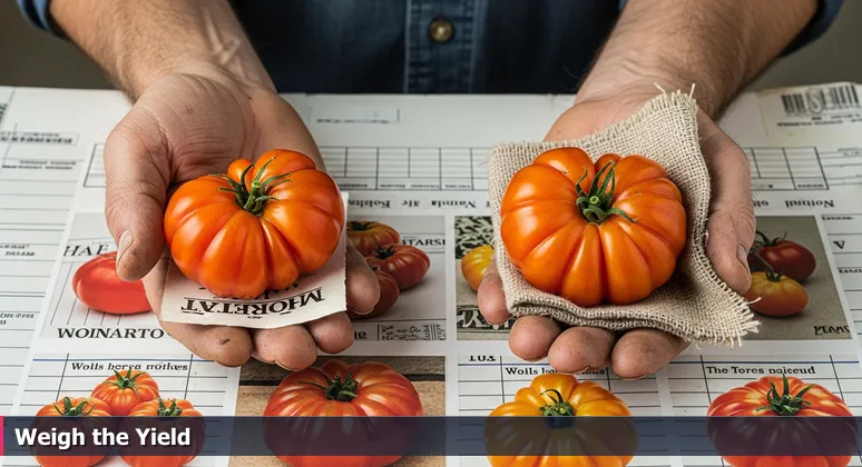 Farmer's weathered hands weighing two tomatoes at a Fresno farmers' market, symbolizing careful bootcamp selection.