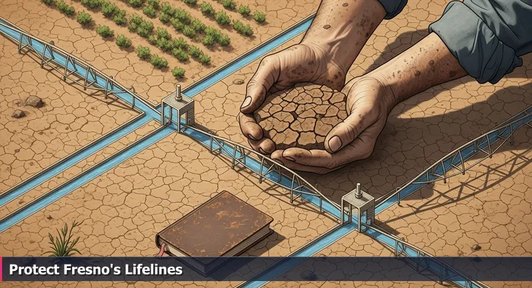 Close-up of weathered hands touching dry soil near an irrigation ditch, symbolizing the unseen cybersecurity systems that protect Fresno's critical infrastructure.