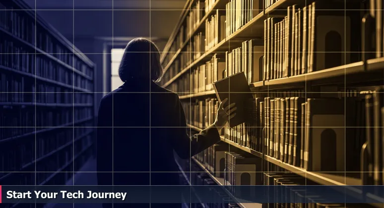A person standing in a Fresno public library aisle, looking at a shelf of books, symbolizing the choice of free tech training opportunities.