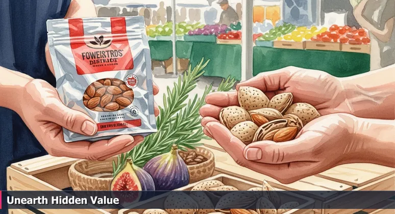 Close-up of hands at a Fresno farmer's market comparing packaged and raw almonds, symbolizing hidden AI career opportunities in local industries.