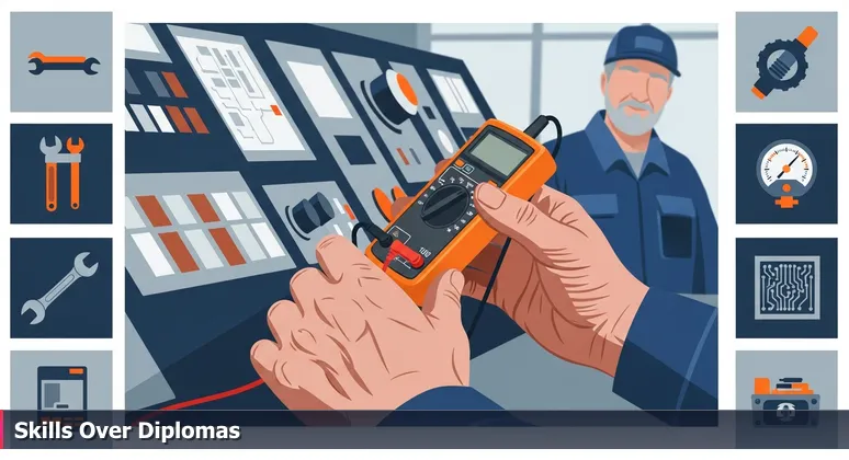 Skilled hands using a multimeter on an industrial control panel in a Fresno AgTech facility, symbolizing practical tech skills over formal education.