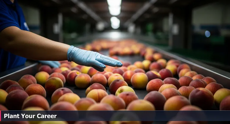 A gloved hand poised over a conveyor belt of peaches in a Fresno packing house, symbolizing the selection process for junior developers choosing tech startups.