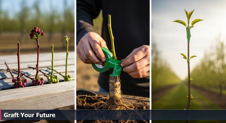 Close-up of hands grafting a young shoot onto a tree rootstock in a Fresno orchard, representing career growth for women in tech.