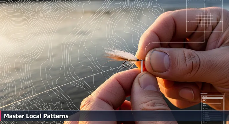 Weathered hands tying a fly fishing lure on a leader, with the Boise River flowing in the background during golden hour