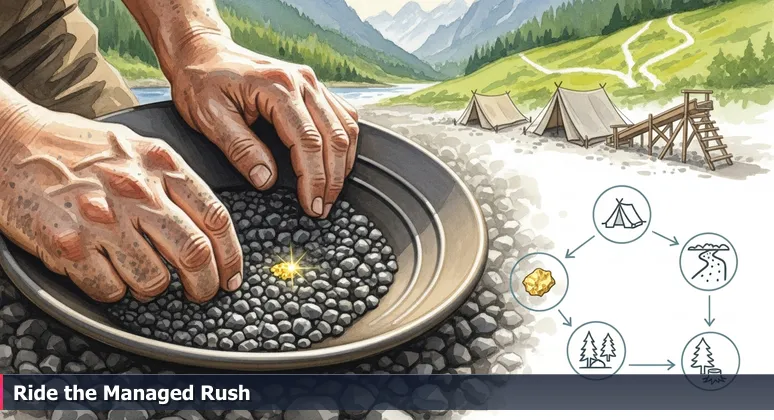 Weathered hands panning for gold in a river, with a transforming mountain valley in the background, symbolizing Boise's tech career opportunities and growth.