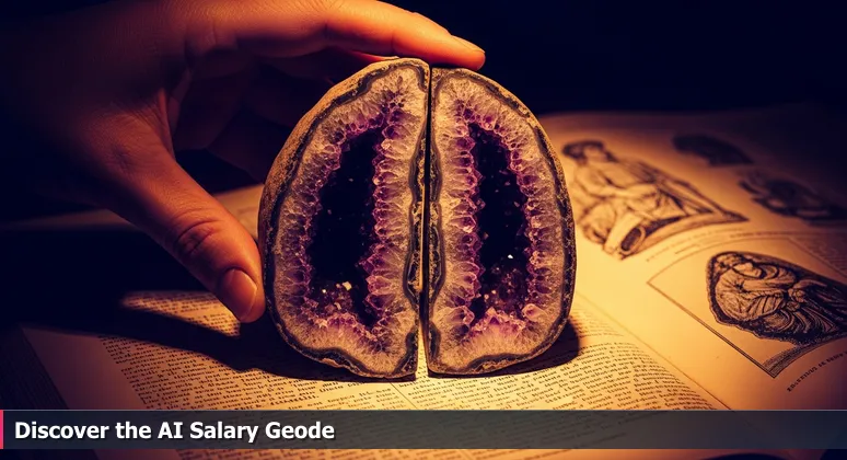 A hand holding a rough brown geode from the Owyhee Mountains, split open to reveal glittering purple amethyst crystals inside, representing the hidden value of AI salaries in Boise.