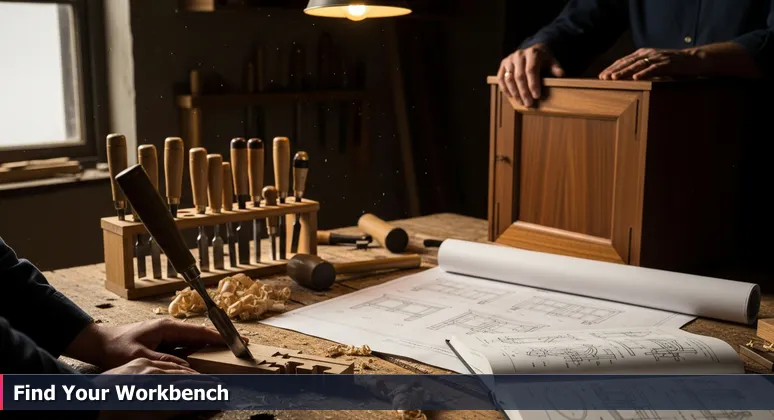 A woodworking bench scene with a novice's hand holding a chisel and a master's hand on finished work, symbolizing AI learning and mentorship in Boise's communities.