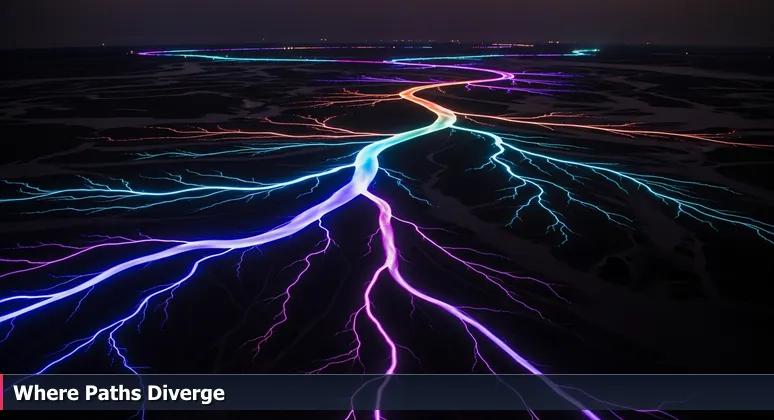 Aerial view of the Boise River delta, with multiple winding channels branching out and converging, symbolizing diverse career paths for AI engineers.