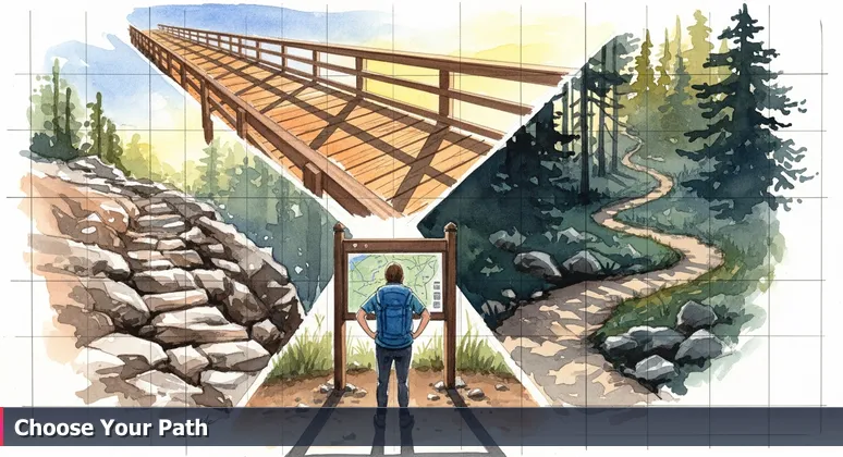A hiker at a Boise Foothills trailhead at dawn, studying a map with multiple diverging paths, symbolizing tech career choices.