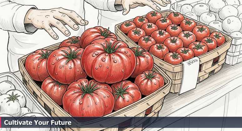 Close-up of hands at a Boise Farmers Market stall, hovering over two baskets of heirloom tomatoes labeled HERITAGE and HYBRID, symbolizing the choice between AI bootcamps.