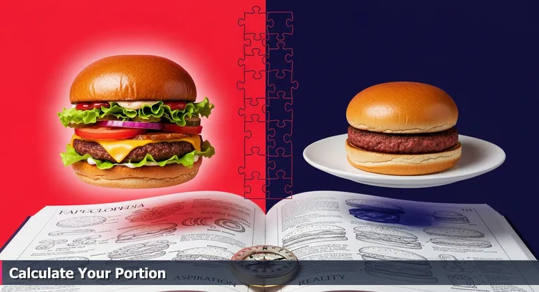 Visual metaphor showing a perfect burger advertisement next to a smaller real burger, representing the gap between Boise tech salary promises and actual living costs.