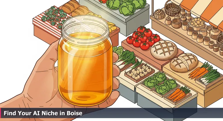 A hand holding a jar of local honey at the Boise Farmers Market, with vibrant stalls selling fresh produce and artisan goods in the background.