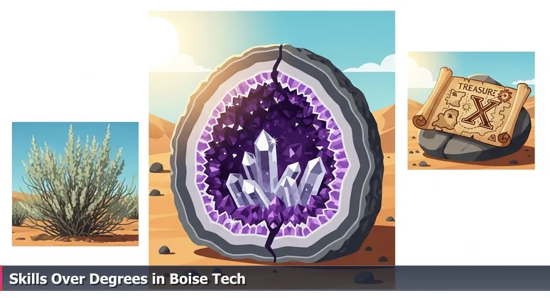 A vintage treasure map on a rock in Boise's landscape with an X on a mountain and a sparkling geode nearby, symbolizing accessible tech job opportunities without a college degree.
