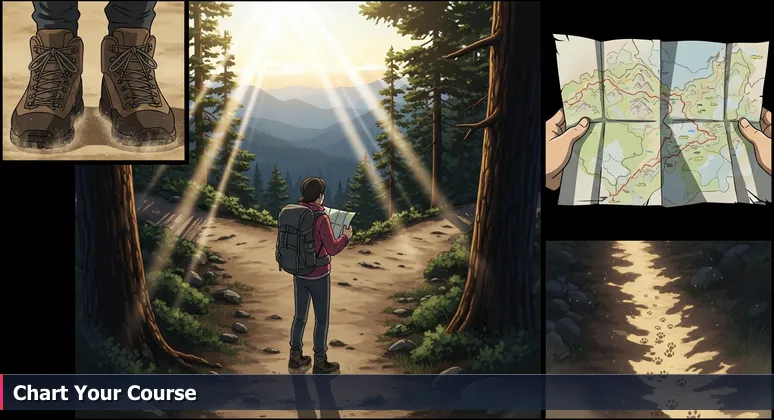 A hiker at a trail fork in the Boise Foothills at sunrise, holding a simplified map and gazing at two paths marked with signs, symbolizing career choices for junior developers.