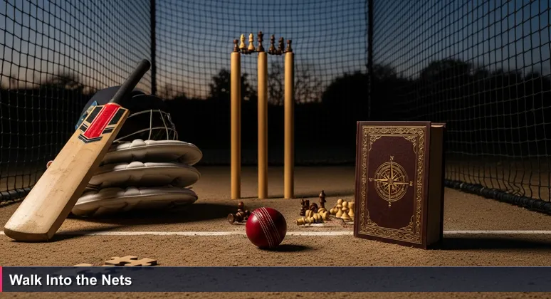 An empty cricket practice net at dusk with a bat, pads, and ball, symbolizing the starting point for an AI career in India.