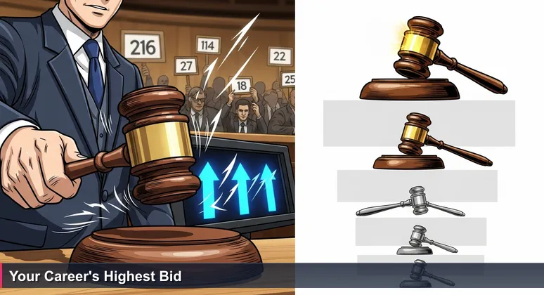 Auction scene with a gavel striking a block in an Indian gallery, symbolizing high-stakes tech salary negotiations for 2026.