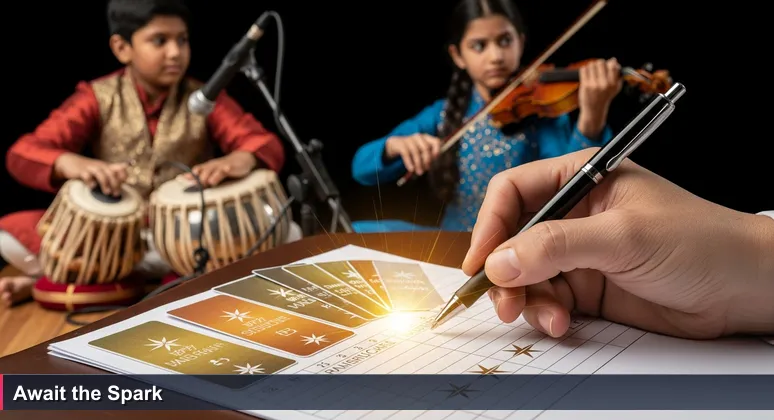 A music judge's hand hovers over a scorecard at a classical Indian music competition, symbolizing the evaluation of AI startup potential in India.
